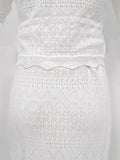 Summer Edge Date White Hollow Knit Two Piece Set for Women Button Accent Crop Top Mermaid Skirt Outfit for Casual Daily Wear