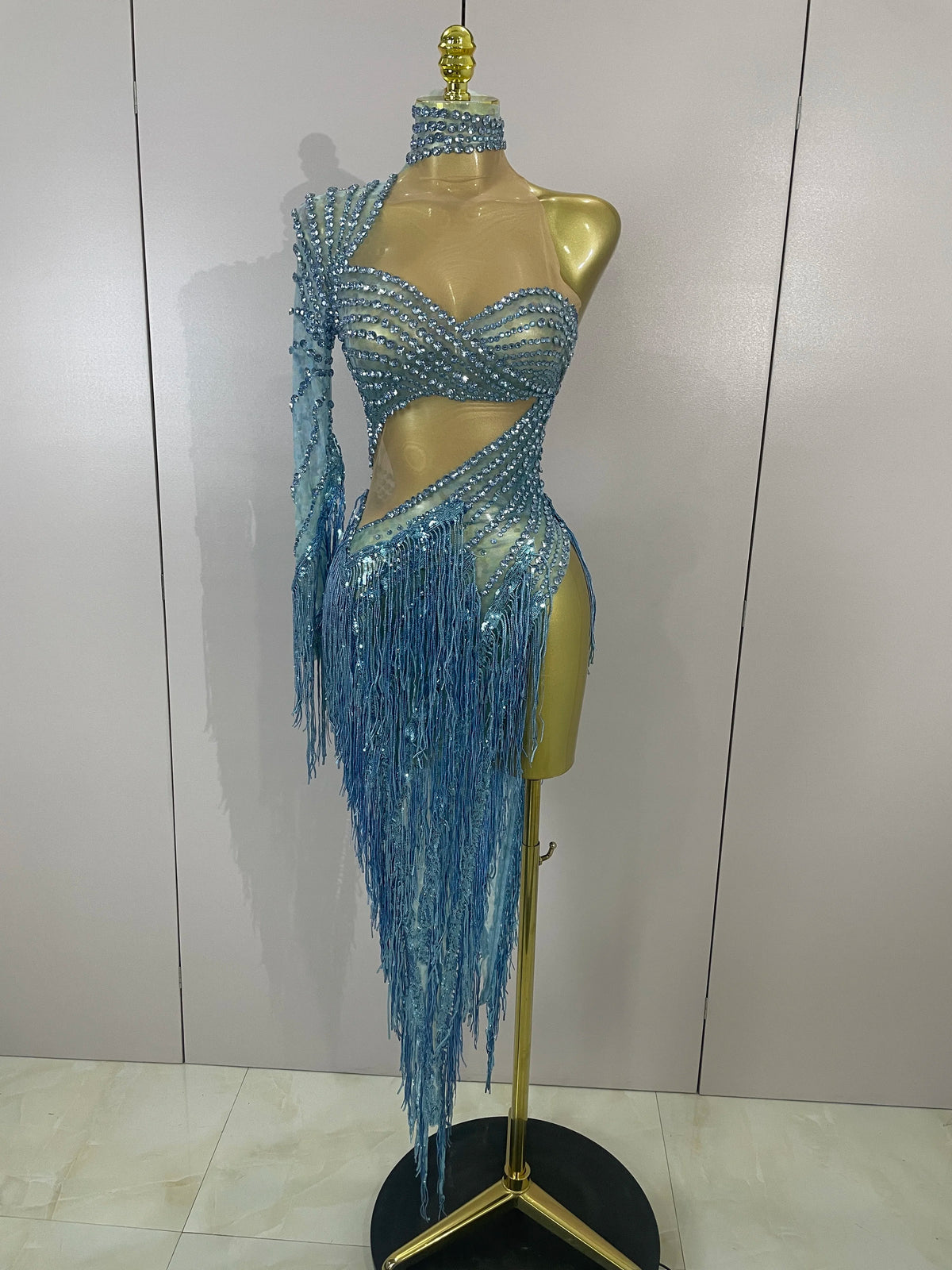 Sparkly Diamond Blue Rhinestone Mesh One Shoulder Tassel Dress Sexy Eveing Party Bar Nightclub Stage Costume Latin Dance Outfits