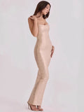 2026 Women Sexy New Sleeveless low-cut Striped Gold Long Dress Party Costume Bar Nightclub Stage Performance Clothing