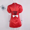 Elegant Bow Hollow Out Mini Dress Women Red Short Sleeve Sexy A-line Dresses Female 2025 Fashion Party Evening Robe White Black