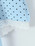 Elegant Sweet Blue Polka Dot Playsuit for Women Puff Sleeve Cutout Design Lace Trim Slimming Playsuits for Vacation