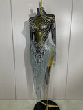 Women Evening Birthday Party Nightclub Dance Singer Stage Outfit Sexy Sparkly Rhinestone Sequins Tassel Mesh Transparent Dress