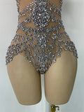 Sparkly Red Rhinestones Women Sexy Mesh See Through High Stretch Bodysuit Nightclub Performance Dance Costume Singer Stage Wear