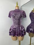 Sexy Women Short Sleeve Sparkly Sequins Stage Dress Luxury Evening Party Nightclub Performance Costume Stage Wear