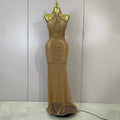 Sexy Halter Sparkly Diamonds Golden Mesh Sequins Maxi Long Dress Women Elegant Evening Party Birthday Luxury Wedding Guest Gown