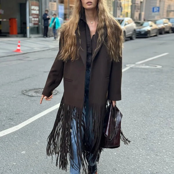 Solid Spliced Tassel Coat for Women Lapel Long Sleeve High Waist Temperament Minimalist Trench Female Fashion New