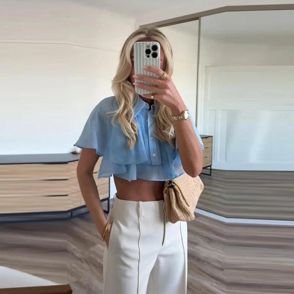 Elegant Women's Chiffon Cropped Shawl Shirts Loose Lapel Single Breasted Short Sleeve Blouses 2026 Spring Summer Lady Chic Top