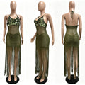 Sexy Cutout Crochet Beach Dress 2026 Summer Women One Shoulder Backless Knitted Sequined Fringe Tassel Midi Dress Clubwear