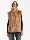 High Neck Animal Deer Print Faux Fur Vest Female Sleeveless Asymmetrical Hem Cape Coat Casual Fashion Women's Outfits 2026 New