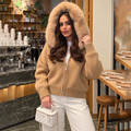 Women Hooded Knit Cardigan Sweater Coat Fluffy Faux Fur Collar Two Way Zip Solid  Loose Casual Jacket 2026 Autumn Winter