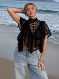 Sexy Cape Style Lace Perspective Top Women Half High Neck Short Sleeve Solid Irregular Pullover Lady Chic Casual Beach Top Cloth