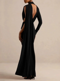 Cowl Neck Maxi Evening Dress for Women One Long Sleeve Cutout Waist Backless Cape Sleeve for Formal Party Bodycon Solid Gown