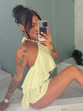 Ruched Elegant 2 Piece Set Woman Tierred Design Halter Backless Irregular Tops+Mini Shorts Beach Party Style Suits