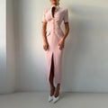 Elegant Solid Buttons Long Dress Women Waist Cinched Shoulder Pads High Collar Slit Dresses 2026 Spring Summer Lady Party Robes