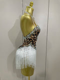 Women Sexy Sparkly Rhinestones Leopard Print Tassel Bodysuit 2026 New Evening Party Birthday Nightclub Performance Stage Costume