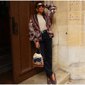 Women's Shawl Collar Fringe Knitted Cardigan Self Fabric Belt Waist Ethnic Print Loose Long Sleeve Mid Length Coat Autumn Casual