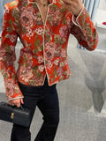 Women Floral Jacquard Contrasting Trim Blazer Lapel Collar Waist-cinching Single-breasted Jacket Autumn Lady Chic Coats 2026 New