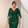 2026 Plus Size Luxury Green Evening Dresses Women Chiffon Sleeve Mermaid Formal Sequins Prom Wedding Party Cocktail Gowns