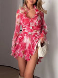 Printing Temperament Mesh Dress for Women Square Collar Long Sleeve Spliced Ruffles Edge Mini Dresses Female Style