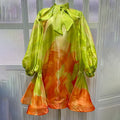 Abstract Brush Print Mini Dress for Women  Bow Tie Neck Lantern Long Sleeve Sheer Organza Loose A Line for vacation shopping