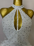 Women Luxury Rhinestones Pearls Feathers Halter Backless Short Dress Women Sexy Celebrate Birthday Dress Nightclub Stage Costume