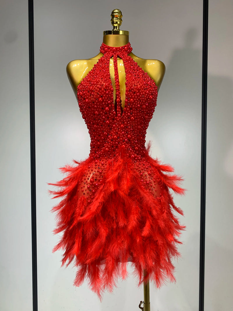 Luxury Rhinestones Pearls Halter Backless Short Feathers Dress Women Sexy Celebrate Birthday Dress Performance Dance Costume