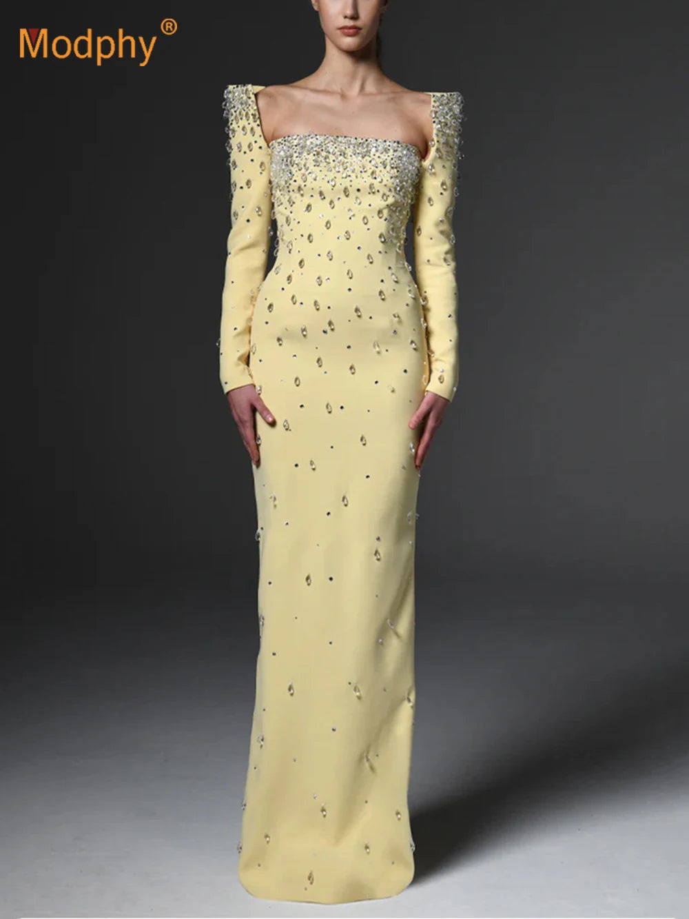 Sparkling Luxury Diamond Crystal Square Neck Slim Long Dress Women'S Elegant Celebrity Evening Party Wedding Gowns