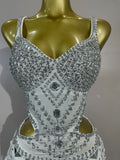 Sparkly Silver Rhinestones Tassels White Bodysuit Dress Women Sexy Eveing Party Dancer Nightclub Stage Team Performance Costume