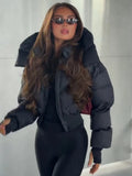 Trendy Solid Hooded Zip Snap Button Short Puffer Jacket Women Slim Fit Cropped Outerwear Winter Casual Street Daily Holiday Wear