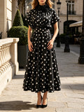 High Neck Midi Maxi Dress for Women 3D Floral Applique Cap Short Sleeve A Line Flowy Leopard Polka Dot for Casual Shopping