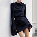 Navyblue Irregular Bodycon Dresses for Women Stand Collar Flare Sleeve High Waist Sexy Party Mini Dress Female New