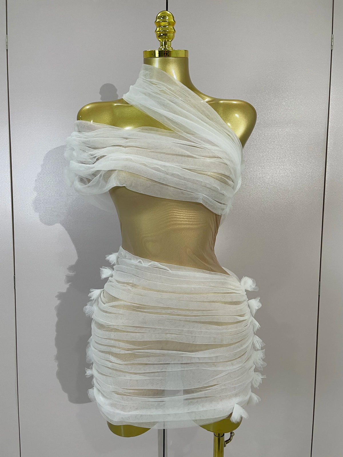 Women Sexy White One Shoulder Mesh See Through Bodysuit Dress Eveing Birthday Party Nightclub Performance Stage Photoshoot Wear