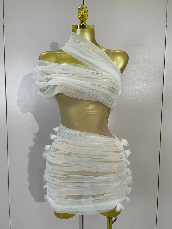 Women Sexy White One Shoulder Mesh See Through Bodysuit Dress Eveing Birthday Party Nightclub Performance Stage Photoshoot Wear