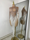 Women Sparkly Crystal Pearl Tassels Sexy Sheer See Through Bodycon Mini Silver Outfit Birthday Dress Dancer Performance Costume