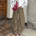 American Retro Plaid Trousers for Women High Waist Spliced Pockets Casual Oversized Lantern Wide Leg Pants Female