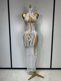 Women Luxury White Pearl Sequines Mesh Transparent Long Dress Club Elegant Evening Party Dress Birthday Photoshoot Clothing