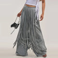 Grey Long Sleeve 2 Piece Outfit Chic Lapel Zip Slim Top Long Fringe Wide Leg Pants 2026 Autumn Women Casual Lady Matching Set