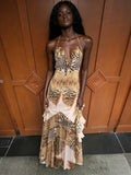Sexy Fashion Long Dress Woman Leopard Print Lace-Up Halter Backless Sleeveless Shape Waist Ruffles Elegant Vestidos