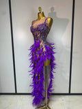 Sparkly Rhinestones Feather Sexy Bodycon Long Dress Women Luxury Birthday Evening Party Fashion Show Nightclub Stage Costume