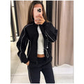 White Stripe 2 Piece Tracksuit Women Stand Collar Zip Jacket And Elastic Waist Wide Leg Pants Set Sporty Casual Matching Outfit