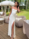Elegant Satin Lace Long Dresses Women's Slip Backless Bandage High Slit Prom Maxi Dress Evening Party Night Out White Black