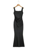 Sexy Satin Evening Long Dresses for Women Square Collar Sleeveless High Waist Folds Slimming Bodycon Dress Female