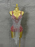 Sexy Sheer Mesh Bodysuit Women Spaghetti Strap V-Neck Full Crystal Embellished Fringe Bodycon Outfit Stage Performance Costume