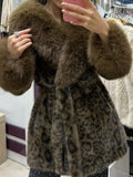 Leopard Print Faux Fur Jacket Womens Long Sleeve Fur Collar Cuff Pockets Coat Autumn Party Winter Streetwear Trendy Outerwear