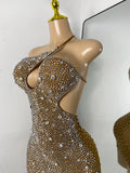 Sparkly Silver Rhinestones Mini Dress Luxury Women Sexy Mesh Hollow Out Celebrity Birthday Cocktail Dresses Performance Wear