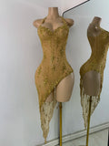 Women Sexy Sleeveless Rhinestones Chic Evening Gown Mesh See Through Performance Dance Costume Singer Stage Wear