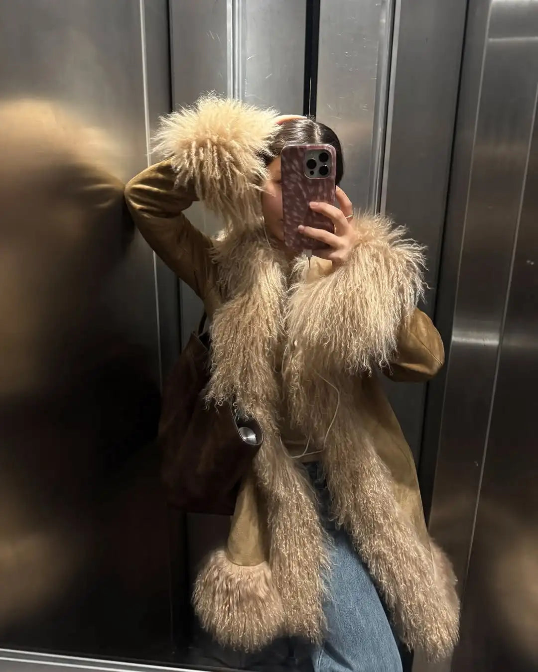 Women Shaggy Faux Fur Patchwork Mid Length Coat Lapel Open Front Long Sleeve Vintage Coats Elegant Winter Warm Outerwear 2026