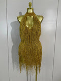 Shiny Rhinestone Tassel Gold Mini Dress Women Elegant Prom Gown Evening Party Sexy Nightclub Birthday Photoshoot Stage Costumes