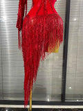 Black Red Women Sexy One Shoulder Shinning Crystal Sequins Tassels Bodycon Mid-calf Dress Nightclub Party Bar Dancer Costumes