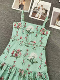 Boho Garden Parties Floral Print Maxi Sundress for Square Collar Sleeveless High Waist Slim Tiered Skirts for Casual Outings